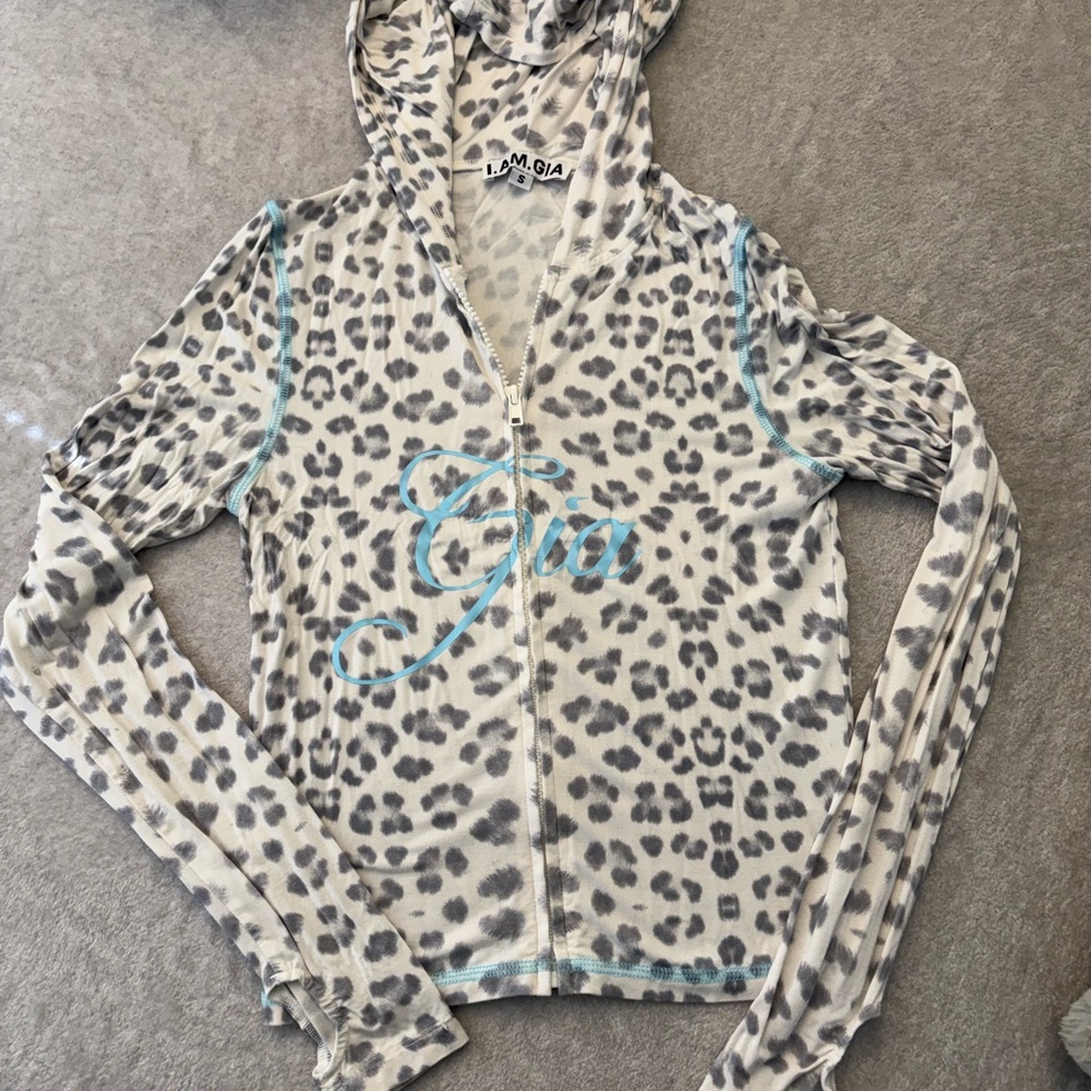 I.AM.GIA Gray Leopard Zip Hoodie/Pant Set with Aqua Script